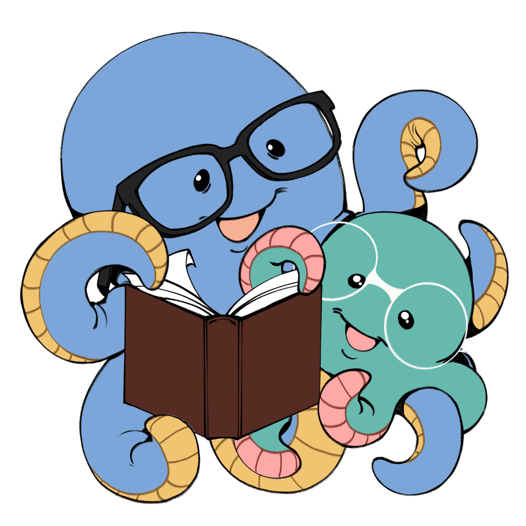 Octavius and Olive, the Book Nerd University octopuses, reading a book together